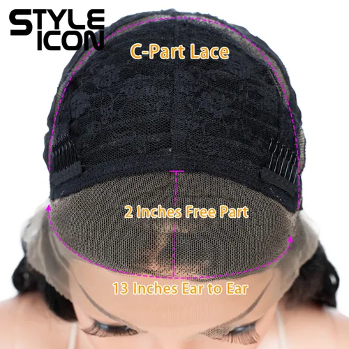Vista 8 de Style Icon - Peluca de encaje frontal negra con parte libre, estilo U, de 24" de largo, ondulada con flequillo, sintética, resistente a altas 1