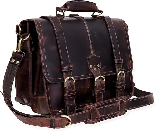 Vista 3 de cuero Maletín de cuero de 18 pulgadas portátil Messenger Bolsas para hombres y mujeres mejor oficina College maletín bolsa de hombro