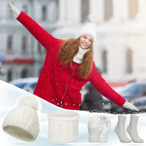 Vista 7 de 8 piezas de gorro de invierno cálido con pompón para mujer, gorro de punto calavera, calentadores de cuello, bufandas, guantes de punto