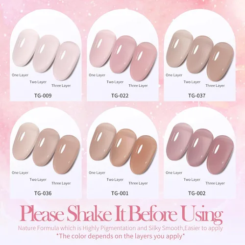 Vista 2 de TONITU G · Juego de 6 esmaltes de uñas de gel de gelatina, color rosa pálido, rosa pálido, rosa polvoriento, melocotón, malva, gris topo, kit