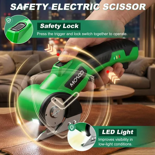 Vista 4 de Cortador de cartón, tijeras eléctricas inalámbricas recargables, cortador de caja eléctrico de 4 V con 2 cuchillas, bloqueo de seguridad y luz LED