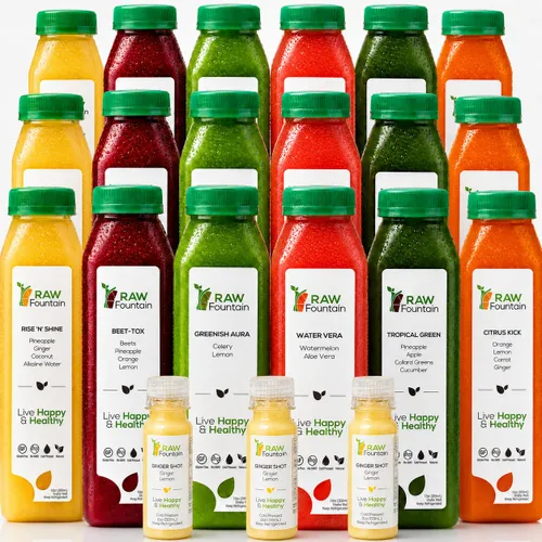 Vista 10 de Limpieza de Jugos de 1 Día por Raw Fountain, Sabores Tropicales, Totalmente Natural Crudo, Jugos de Frutas y Verduras Prensados en Frío, Limpieza