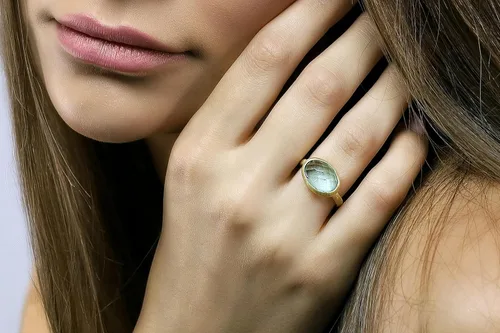 Vista 2 de Brushed Gold Blue Topaz Ring - Bezel Oval Cut Gemstone - Stackable 14k Ring - Semiprecious November Birthstone for Women