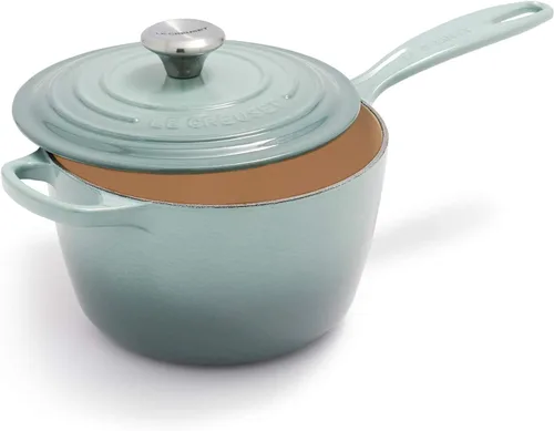Vista 5 de Le Creuset Horno holandés redondo de hierro fundido esmaltado con tapa, 5.5 cuartos de galón, sal marina y cacerola Signature - Sal marina