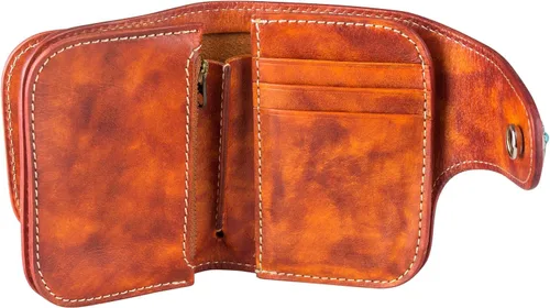 Vista 4 de Ancicraft Billetera plegable de piel auténtica con botones turquesa para hombre, Amarillo Marrón, Billetera plegable