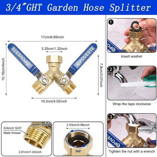 Vista 2 de Divisor de manguera de jardín de latón de 2 vías resistente, divisor de manguera de agua con válvula Y de flujo completo con mango largo levantado