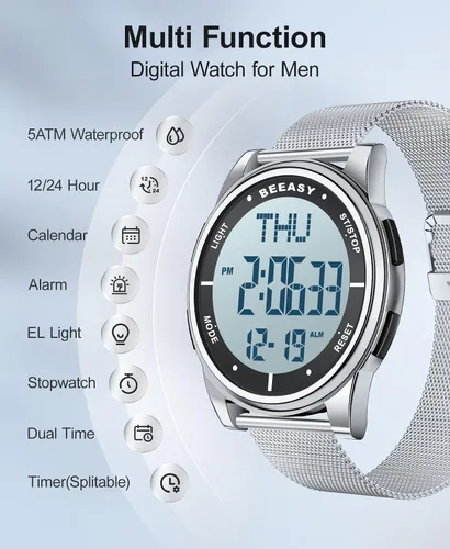 Vista 12 de Beeasy - Reloj digital de pulsera resistente al agua con cronómetro, alarma, cuenta regresiva, doble zona horaria, ultrafino, pantalla angular muy