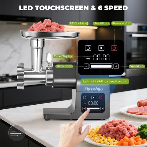 Vista 3 de Picadora de carne eléctrica de 3200 W, control táctil digital, comercial, resistente, molinillo de carne y relleno de salchichas, kit Kubbe para uso