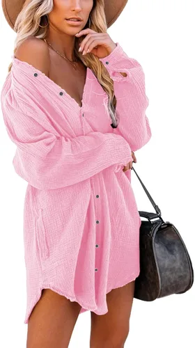 Vista 3 de iGENJUN Vestido tipo túnica de manga larga para mujer, con botones, de gran tamaño, estilo bohemio, con bolsillos