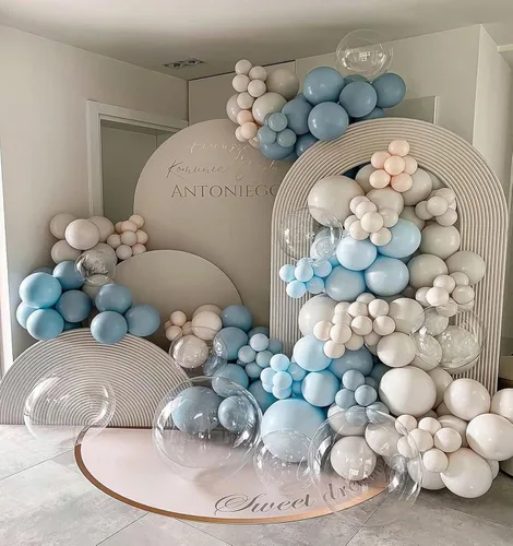 Vista 5 de Kit de Arco de Globos Azul Polvoriento, Kit de Guirnalda de Arco de Globos Azul Polvoriento y Blanco, Globos de Perlas Azul Claro Macarón Azul