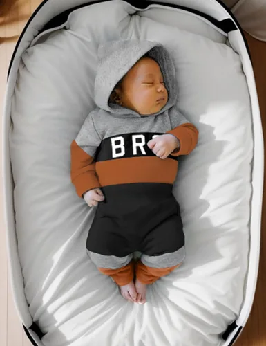 Vista 2 de Tomolant Baby Boy Clothes Long Sleeve Romper, Letter Print Hooded Sweatshirt +Patchwork Pants 2pcs Fall Winter Outfits