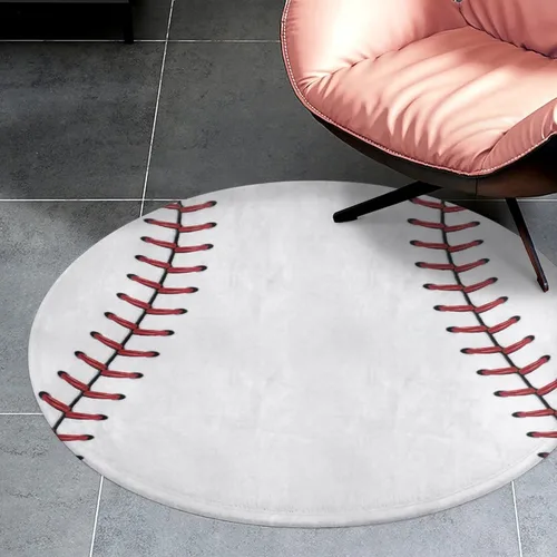 Vista 4 de Alfombra circular con cordones de béisbol con costuras de béisbol, alfombra redonda para decoración de habitación de niños y niños, 2 pies