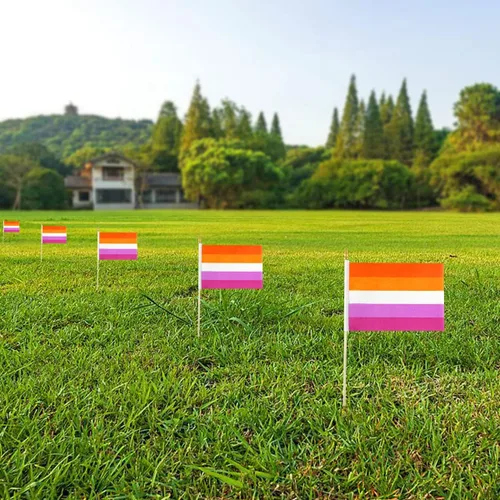 Vista 6 de Newperlite Sunset Lesbian Les Pride Stick Flag - Mini banderas LGBT de mano - Poste de madera maciza y parte superior de lanza, paquete de 12, 5 x 8