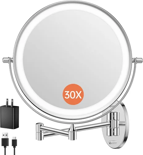 Vista 9 de FUNTOUCH Espejo de Maquillaje Montado en la Pared Iluminado 30X/1X, Espejo de Aumento de Baño Recargable de Doble Cara de 5000mAh, Modos de 3 30