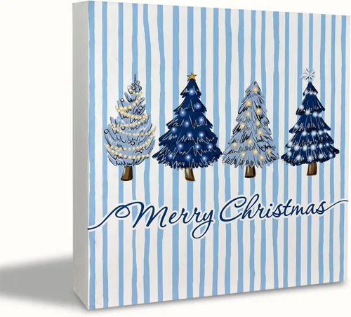 Vista 11 de KEUSPI Cartel de madera rústica rosa con texto en inglés "Merry Christmas", decoración de escritorio de Navidad preparada, árbol de Navidad, caballo