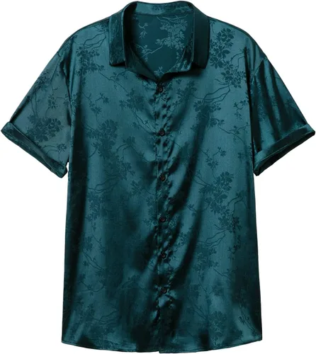 Vista 5 de THWEI Camisas de manga corta con botones y estampado floral de satén para hombre