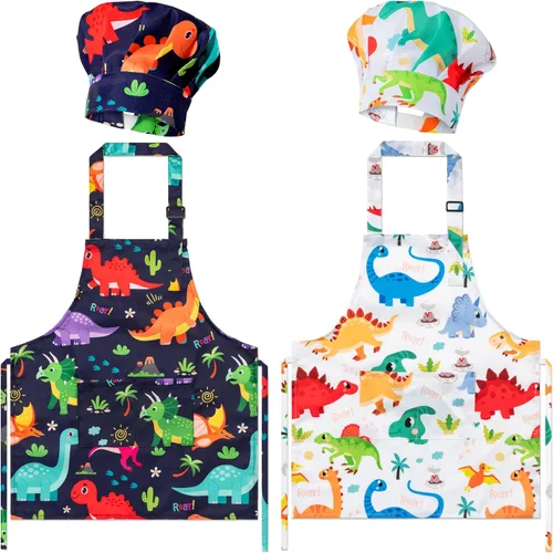 Vista 17 de Juego de 4 delantales y sombrero de chef para niños, regalo para niñas y niños, con palabras del alfabeto de animales, delantales ajustables