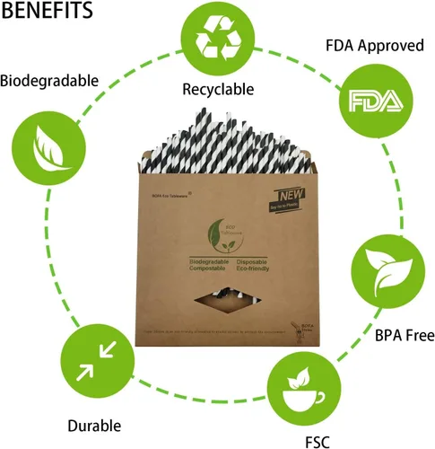 Vista 4 de Pajitas de papel a rayas blancas y negras, 100% biodegradables y compostables pajitas de beber a rayas negras para suministros de fiesta