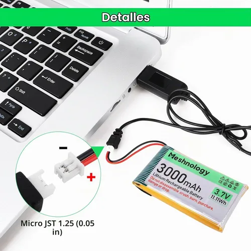 Vista 4 de Batería Li de 3.7 V 3000 mAh con cable de cargador USB 103665 1S Batería LiPo con placa de protección, cinta de goma aislada y enchufe micro JST