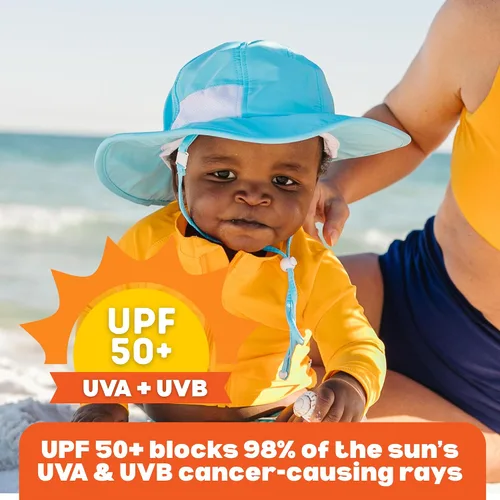 Vista 4 de SwimZip, sombrero unisex para niños, ala ancha, protección solar FPS 50, ajustable. Aguamarina