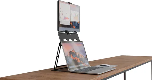 Vista 6 de HNL Soporte para monitor portátil, soporte para iPad y tableta, retención de abrazadera, escritorio pequeño plegable y montable, soporta pantalla