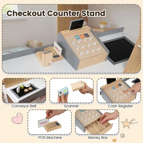 Vista 3 de Costzon Juego de simulación para tienda de comestibles, tienda de juegos de madera, juego de supermercado para niños pequeños con caja registradora