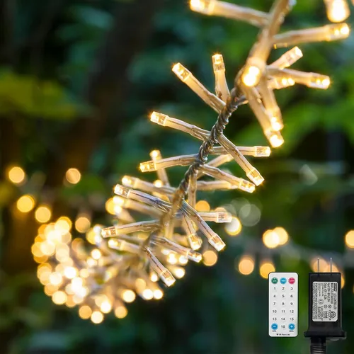Vista 28 de LAMPHOME Luces de Navidad multicolor que funcionan con pilas, 34.1 pies, 100 luces LED impermeables de cadena para árbol de Navidad con 8 modos