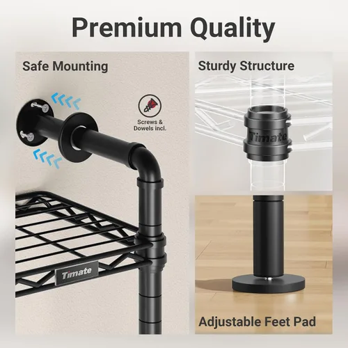 Vista 5 de Timate F6 - Perchero para colgar en la pared, sistema de armario de tubería industrial expandible, perchero colgante resistente, organizador de Negro