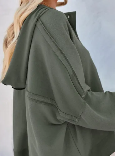 Vista 4 de HOTAPEI Sudadera corta con capucha y cuello en V para mujer, estilo casual, con botones, manga larga