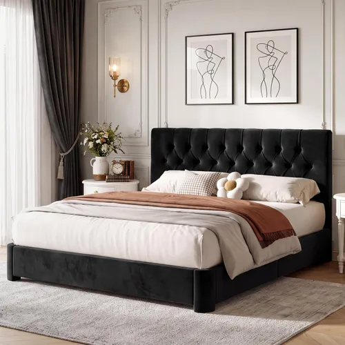 Vista 12 de Marco de cama matrimonial con cabecero, marco de cama tapizado de Negro