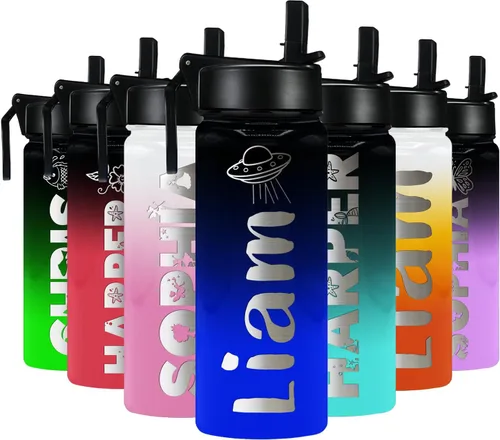 Vista 24 de Botella de agua personalizada para niños con tapa de popote en azul aguamarina degradado para la escuela, nombre personalizado para niños, 18 onzas