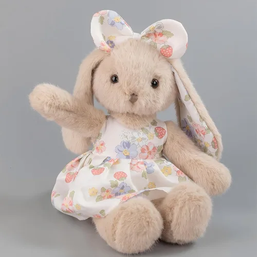 Vista 6 de Conejito de peluche de 14 pulgadas, conejo beige con vestido floral de fresa y lazo, regalo de conejo de Pascua suave para niñas, decoración