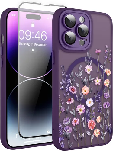 Vista 161 de Magnético para iPhone 13 con protector de pantalla [Compatible con MagSafe] Diseño de patrón floral de flores bonitas, funda delgada a prueba