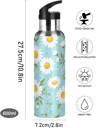 Vista 9 de Daisies - Botella de agua de acero inoxidable aislada al vacío con diseño de flores amarillas y azules, botella de agua deportiva de 32 onzas sin