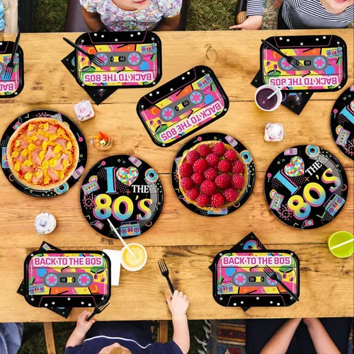 Vista 7 de 96 piezas de decoraciones de fiesta de los años 80, platos temáticos y servilletas de los 80, juegos de vajilla retro coloridas de hip hop
