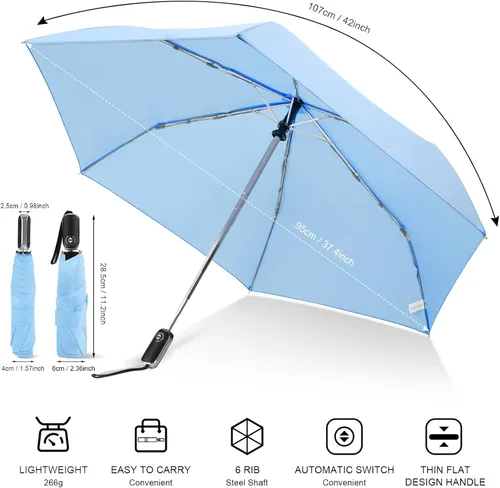 Vista 38 de LEAGERA Paraguas de viaje compacto para bolso, mango plano, impermeable para lluvia ligera