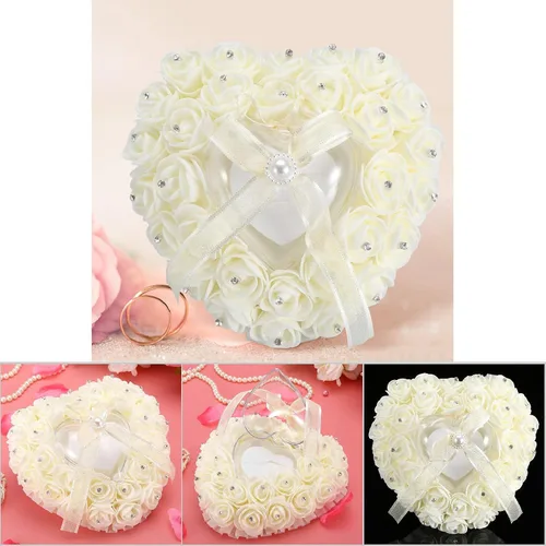 Vista 7 de GOTOTOP Almohada de boda, romántica de encaje de cristal rosa de boda en forma de corazón, cojín con cinta perla ceremonia de boda (blanco lechoso)