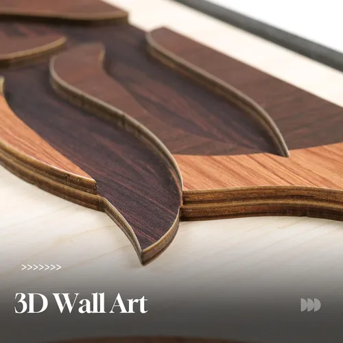 Vista 2 de Arte de pared de madera 3D con textura bohemia 3D para dormitorio, 3 piezas de arte de madera tallada botánica tropical para paredes, hoja de Marrón