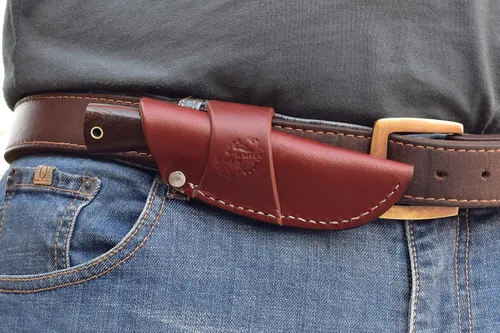 Vista 8 de Knives Ranch Cuchillo EDC de hoja fija con funda de transporte horizontal, hoja de damasco, esencial de vaquero con funda de cuero, mango