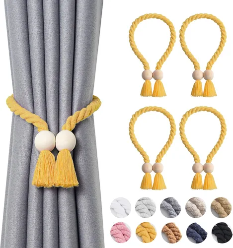 Vista 9 de NICEEC 2 Pack de Alzapaños Magnéticos de Madera en Forma de Cubo Boho para Decoración del Hogar, Alzapaños de Lino Tejidos a Mano para Cortinas Beige