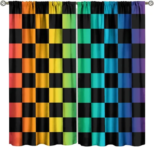 Vista 28 de Cortinas opacas abstractas de arco iris, pintura de color arcoíris con gotas, diseño gráfico creativo con bolsillo para barra, para sala de estar