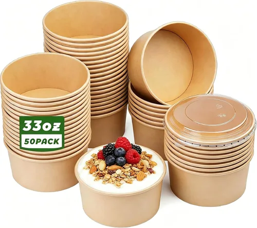 Vista 11 de Paquete de 50 cuencos de papel de 17 onzas, cuencos de ensalada desechables con tapas Octagon Disposable Bowls, Disposable Food Containers with