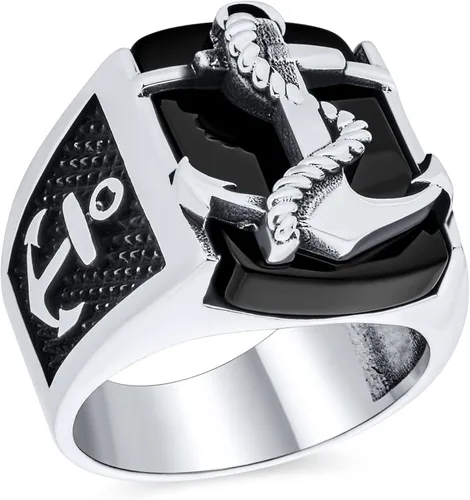 Vista 2 de Personalize Mens Nautical Black Onyx Gemstone Or Etched Brown Wood Inset Large Boat Anchor Signet Ring For Men Solid 925 Sterling Silver Made In