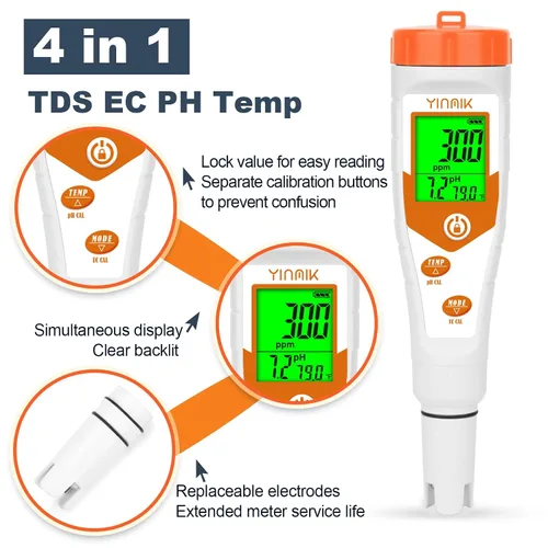 Vista 4 de Probador de pH hidropónico EC, pantalla simultánea pH ppm para agua de depósito base, monitoreo continuo de temperatura de conductividad de pH. ppm