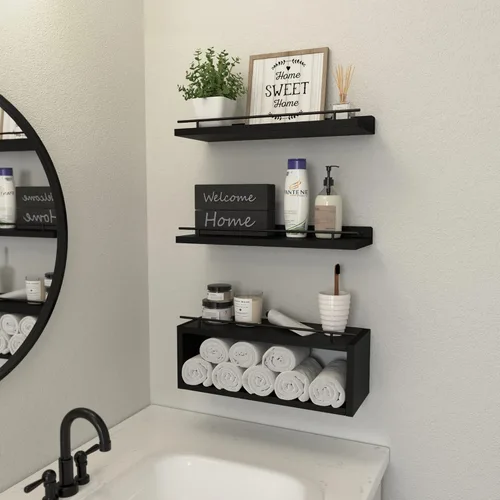 Vista 6 de WOPITUES Estantes flotantes para pared con estante de cubo, estantes de pared con riel de metal para decoración de baño, organizadores
