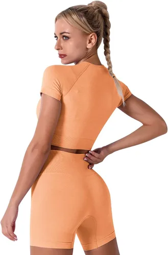 Vista 3 de Conjuntos de 2 piezas sin costuras para yoga y entrenamiento - con ombliguera de manga corta y pantalones cortos de tiro alto para correr