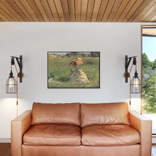 Vista 6 de Lámpara colgante enchufable, lámpara de pared con polea de granja con cable e interruptor de enchufe marrón de 7 pies, lámparas colgantes