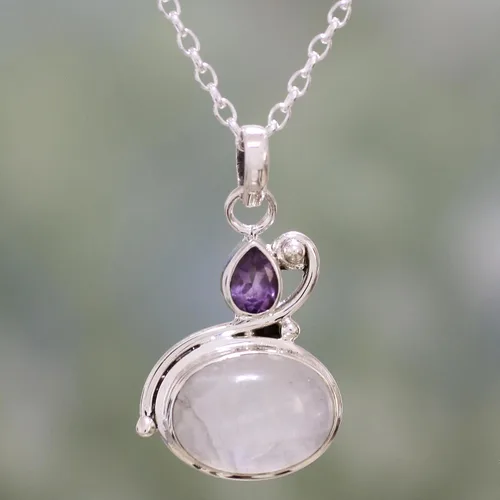 Vista 4 de NOVICA Collar con colgante artesanal de piedra lunar y amatista de la India de plata esterlina con piedra natal púrpura transparente 18 pulgadas