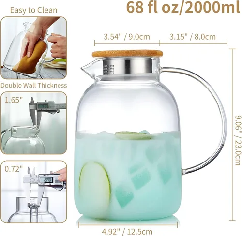Vista 4 de Unbreakable - Jarra de vidrio con asa y tapa, tarro de vidrio de 68 onzas líquidas con tapa, resistente al calor, jarra de borosilicato para té
