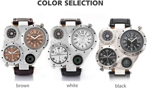 Vista 3 de OULM Hombres Militar Oversize Multi Zonas Horarias 2 Diales Cuero Analógico Deportes Reloj de Pulsera HP9415
